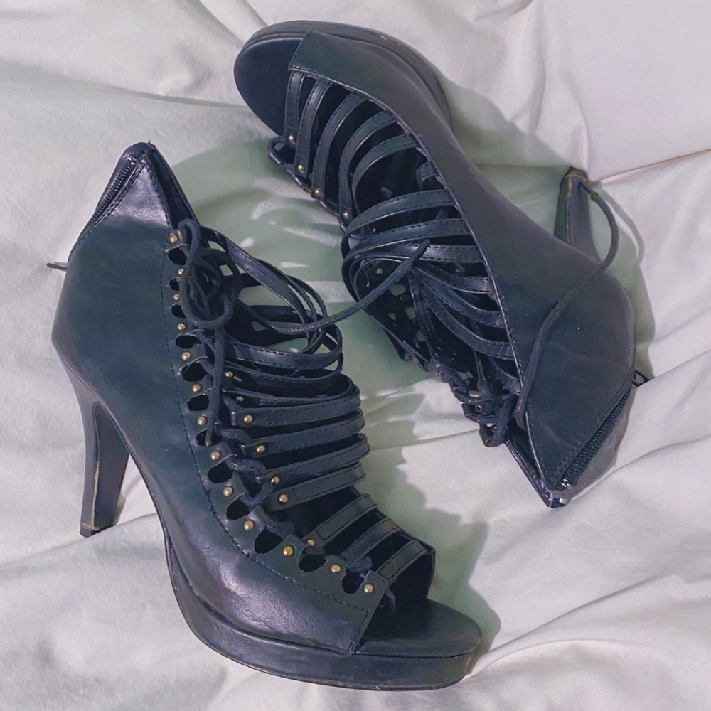 Strappy Edgy Black Leather Heels